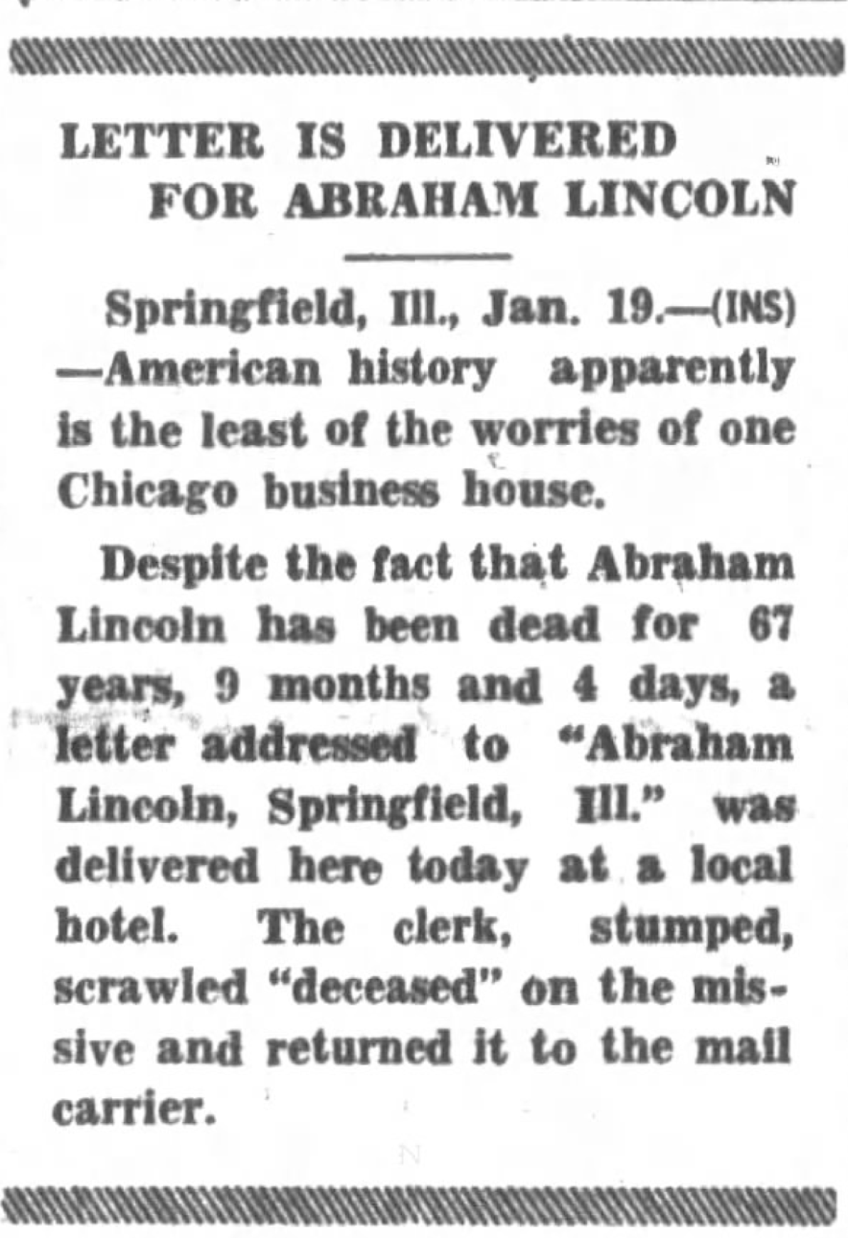 Letter is delivered for Abraham Lincoln